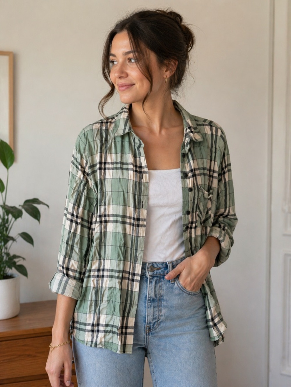 Ricki's Green and White Plaid Button-Down Shirt